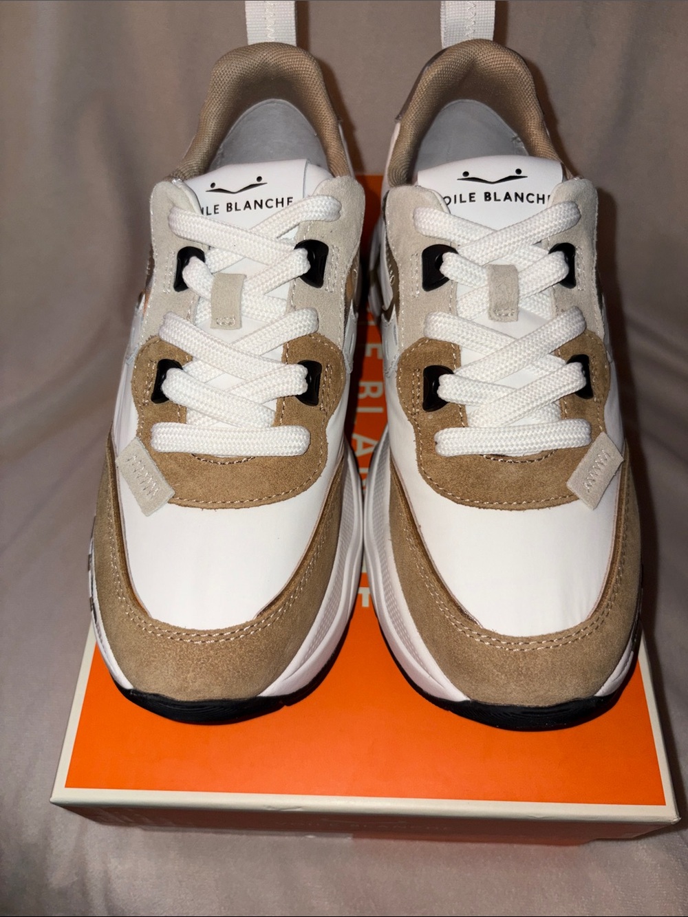 NWT VOILE BLANCHE CLUB105 Suede and Nylon Sneaker in Caramel - White - Picture 7 of 14